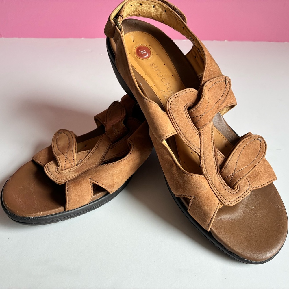 CLARKS Unstructured Tan Suede Velcro Straps Sandals - 8